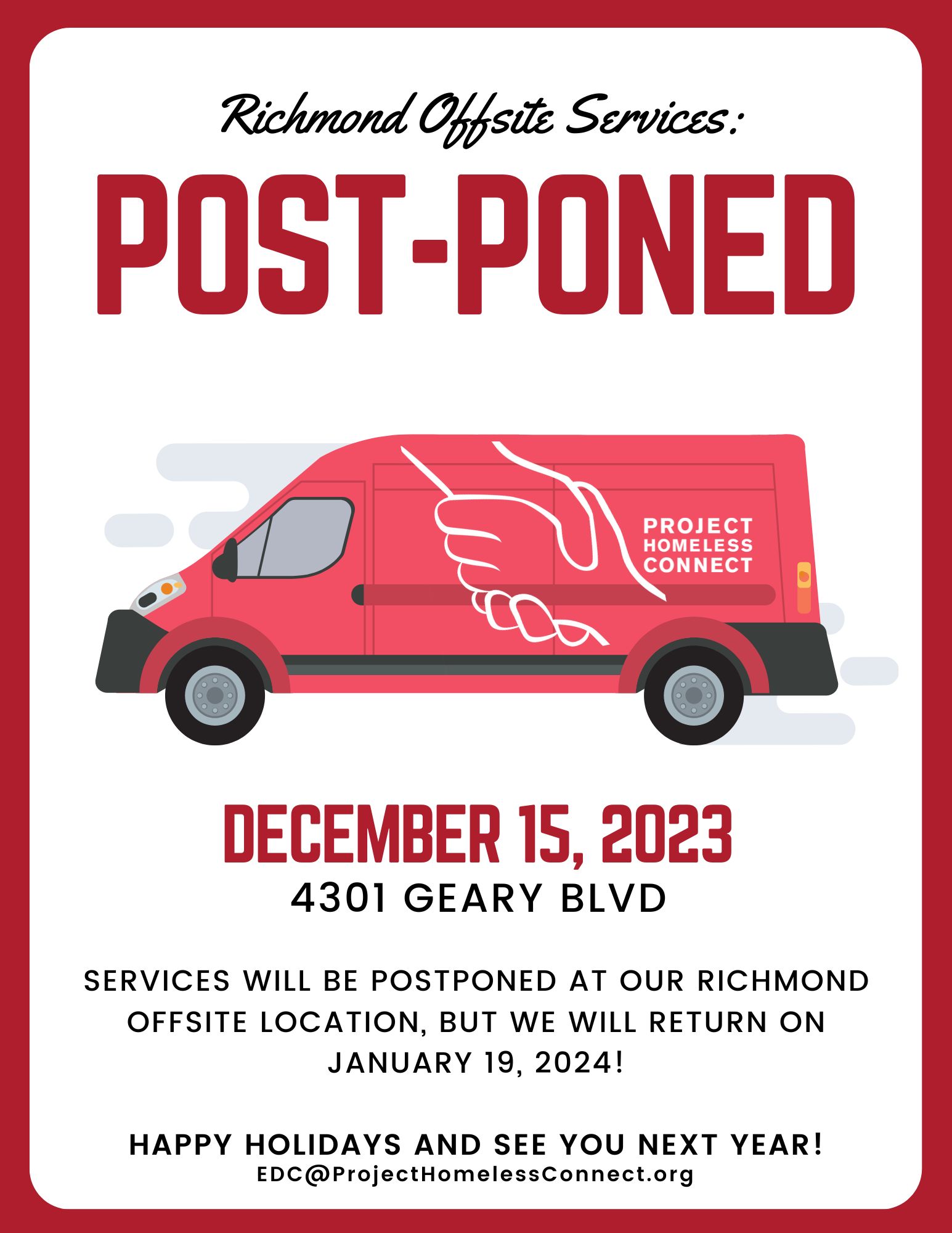 POSTPONED - Richmond Off-Site Services | WILL BE BACK IN JANUARY 2024